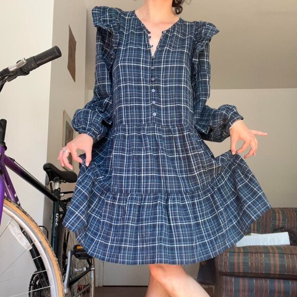 Madewell Women's Plaid Ruffle-Trim Button-Down Dress Prairie Style 80s Size M - Picture 1 of 8
